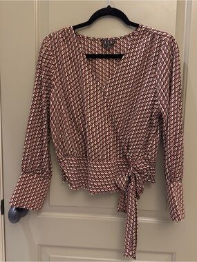 OLM Red, Cream & Black Geometric Wrap Blouse with Side Tie
